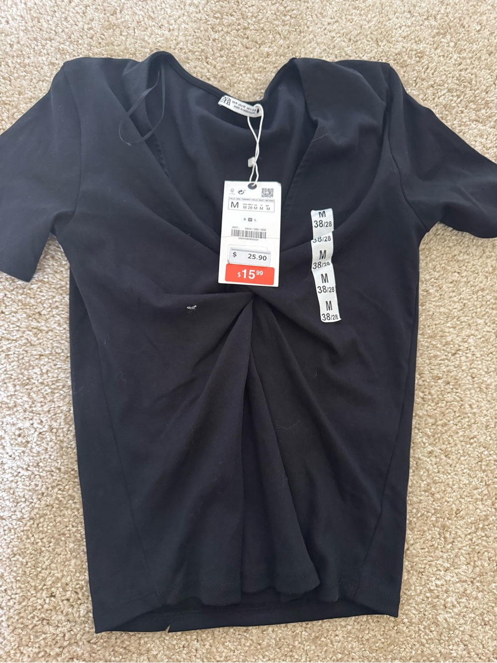 Zara Black Twist-Front V-Neck Short Sleeve Top